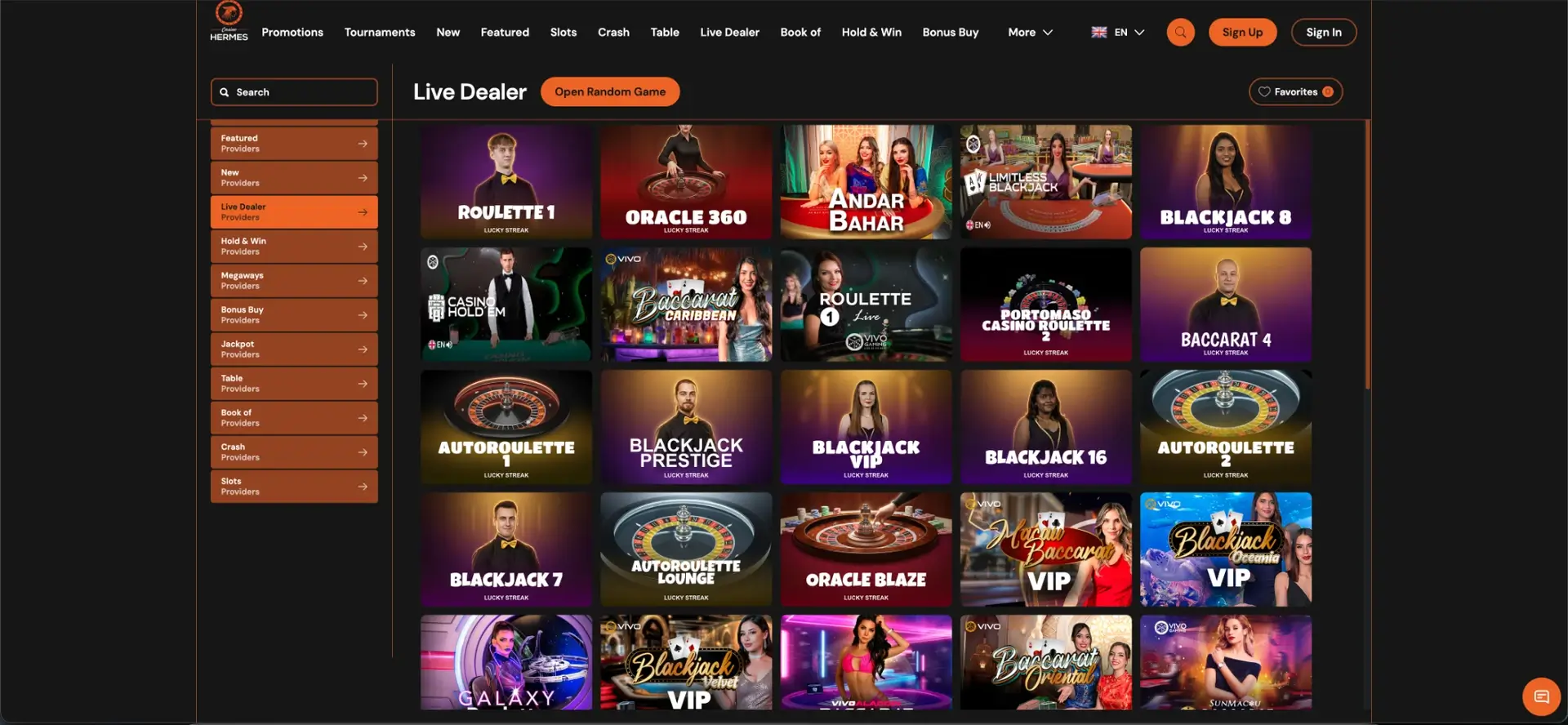 Live dealer tables at Hermes Casino