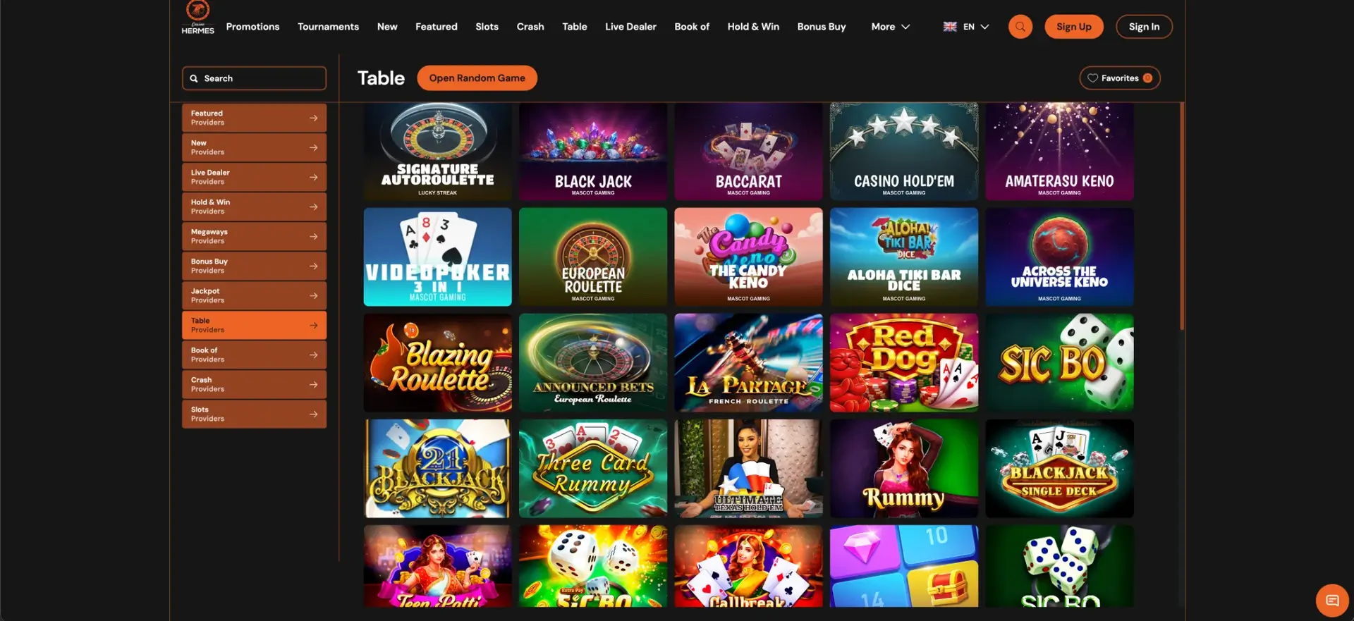 Table games at Hermes Casino